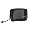 Black mesh travel cosmetic storage pouch with gold lettering and a gold chain strap