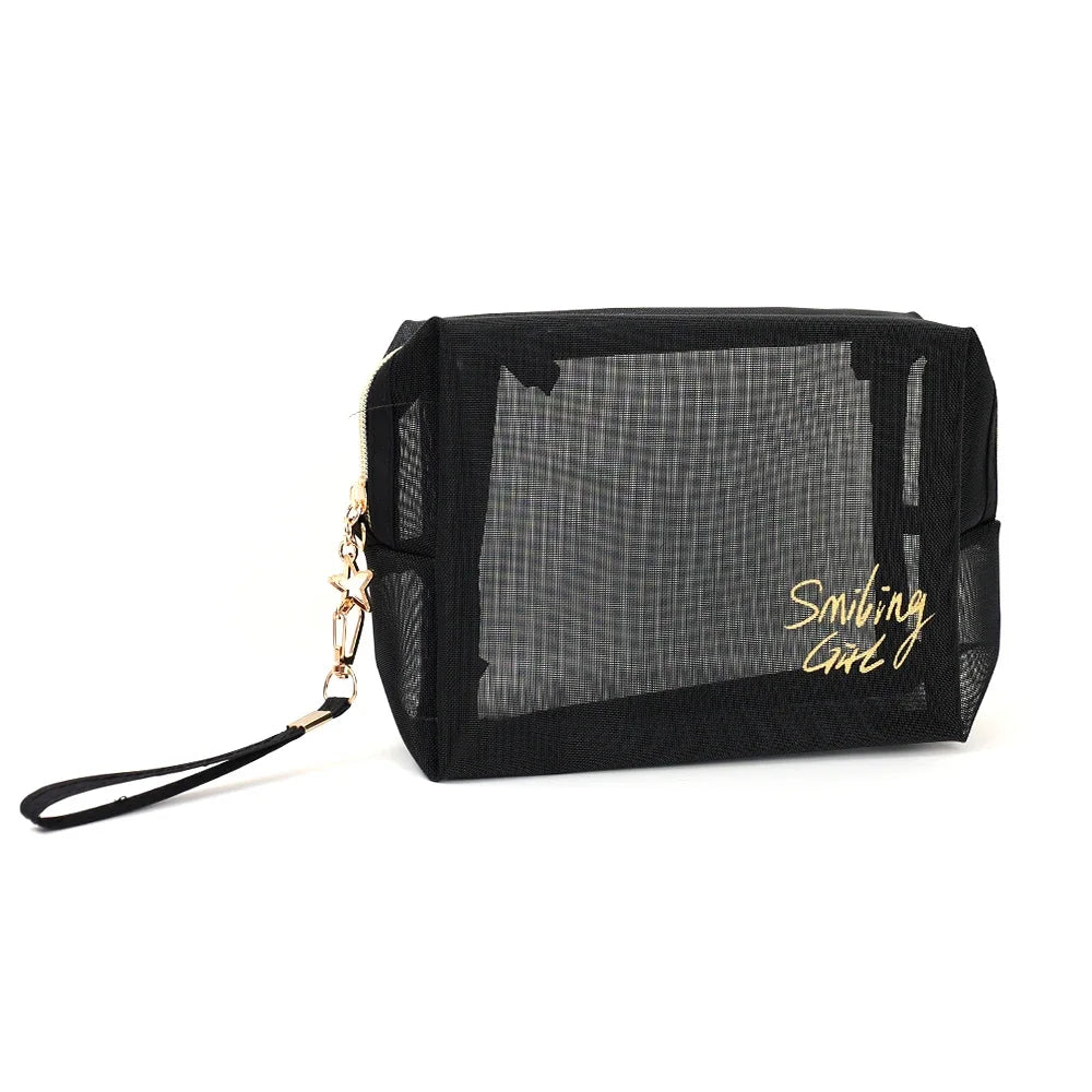 Black mesh travel cosmetic storage pouch with gold lettering and a gold chain strap