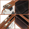 Close-up view of a leopard print RFID-blocking tri-fold wallet with a brown wrist strap and zipper details.