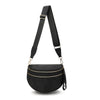 Black nylon crossbody bag with gold hardware and a black adjustable strap