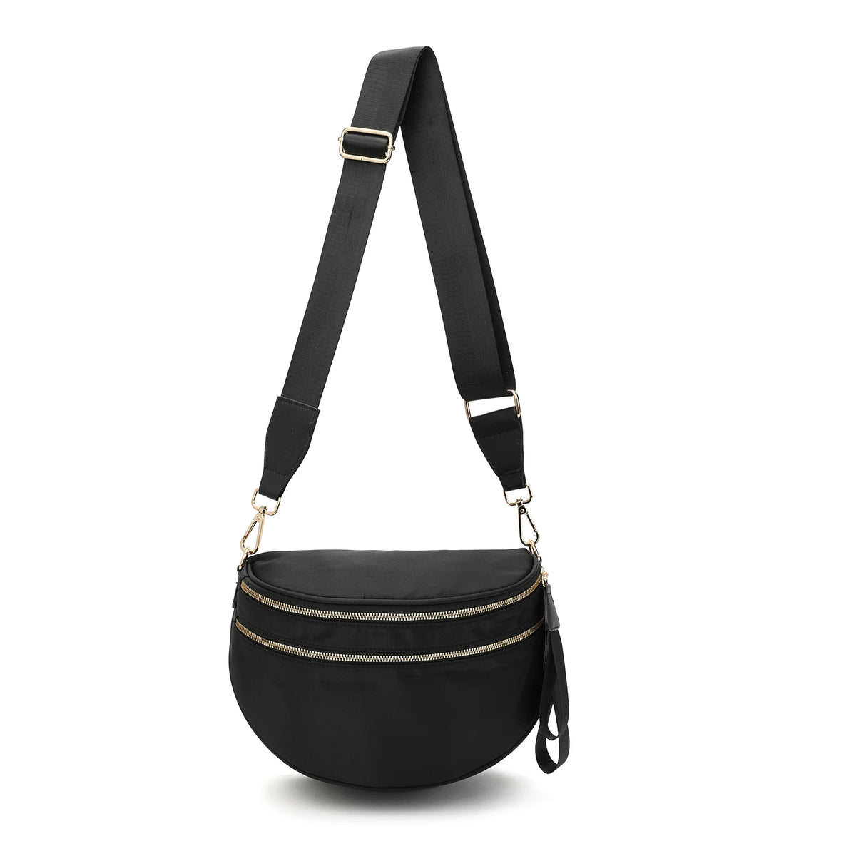 Black nylon crossbody bag with gold hardware and a black adjustable strap