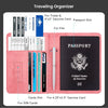 A pink leather passport holder organizer with slots for tickets, vaccine cards, and a passport.