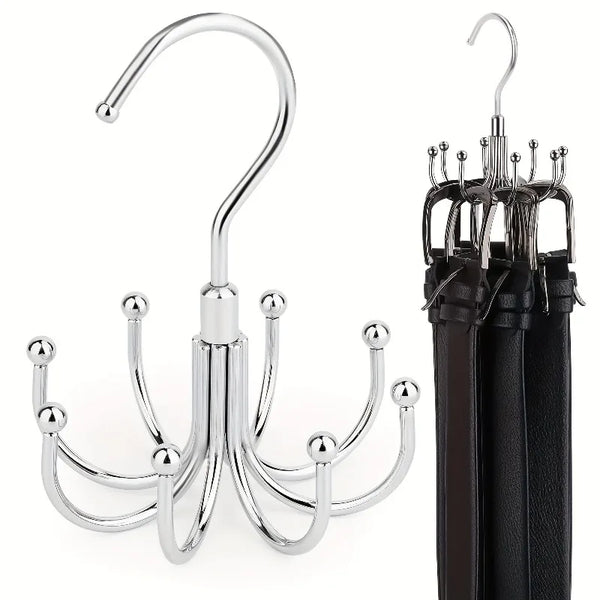 Stainless steel rotatable belt hanger with multiple hooks and a black leather strap.