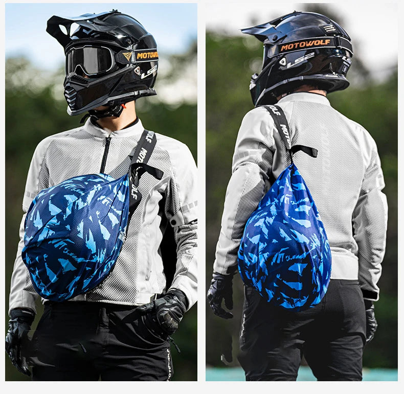 A person wearing a black MotoWolf helmet is shown with a blue fabric backpack, ready for cycling or travel.