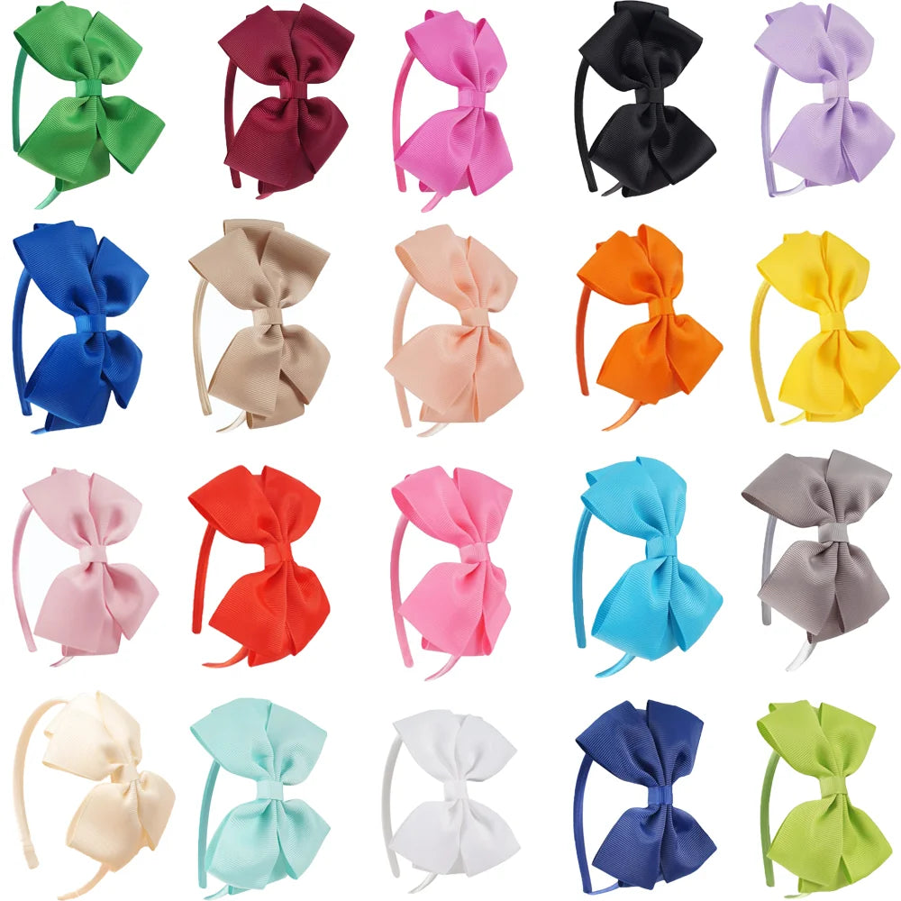 A set of twenty solid color bow hairbands for girls in various shades including green, pink, purple, black, and orange.
