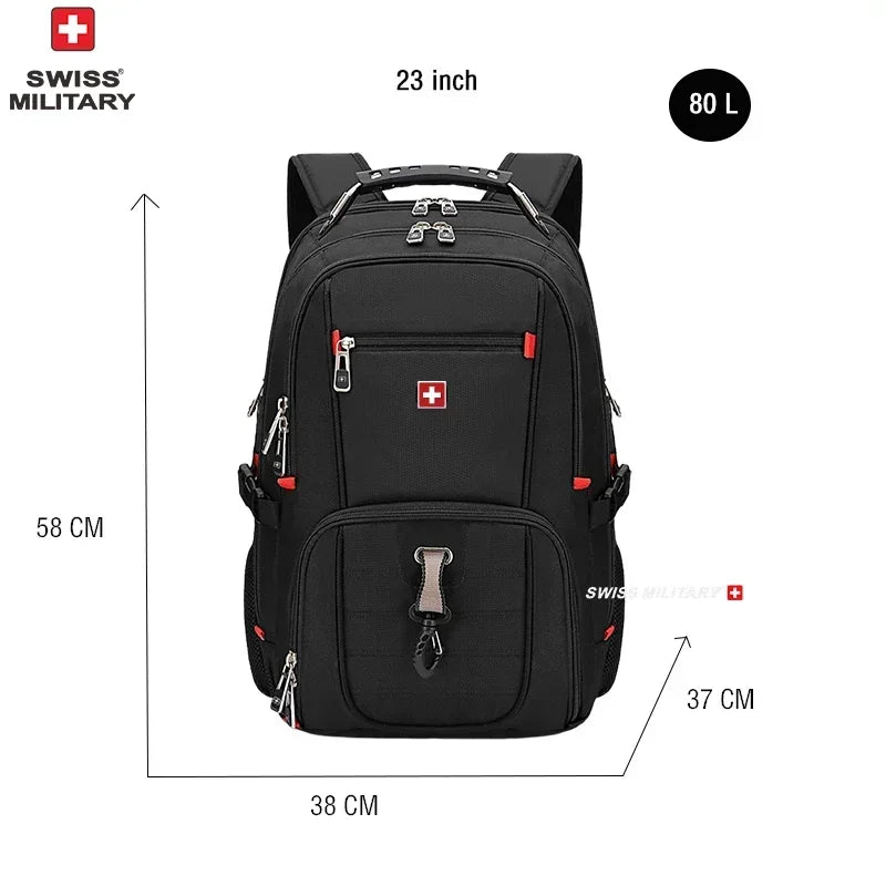 Black Swiss Military laptop backpack measuring 58 cm high and 38 cm wide with a 80 L capacity.