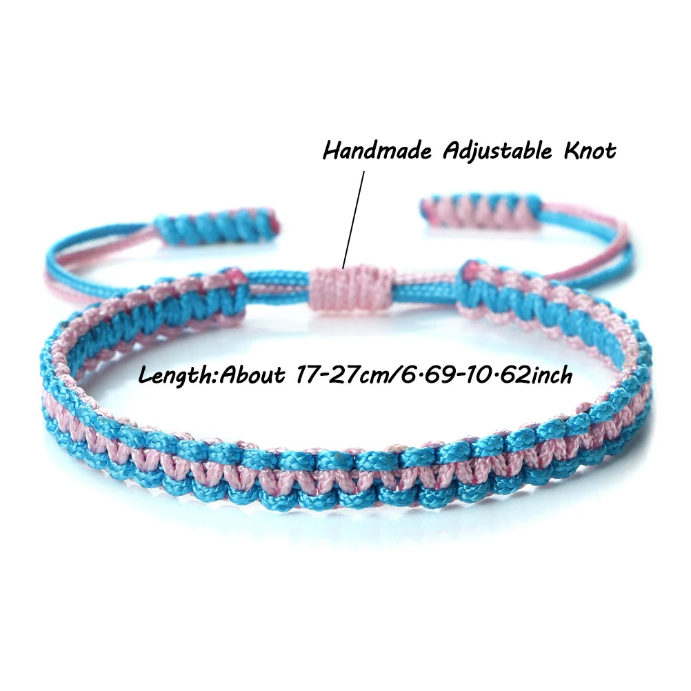 Handmade adjustable knot braided rope bracelet featuring pink and blue colors