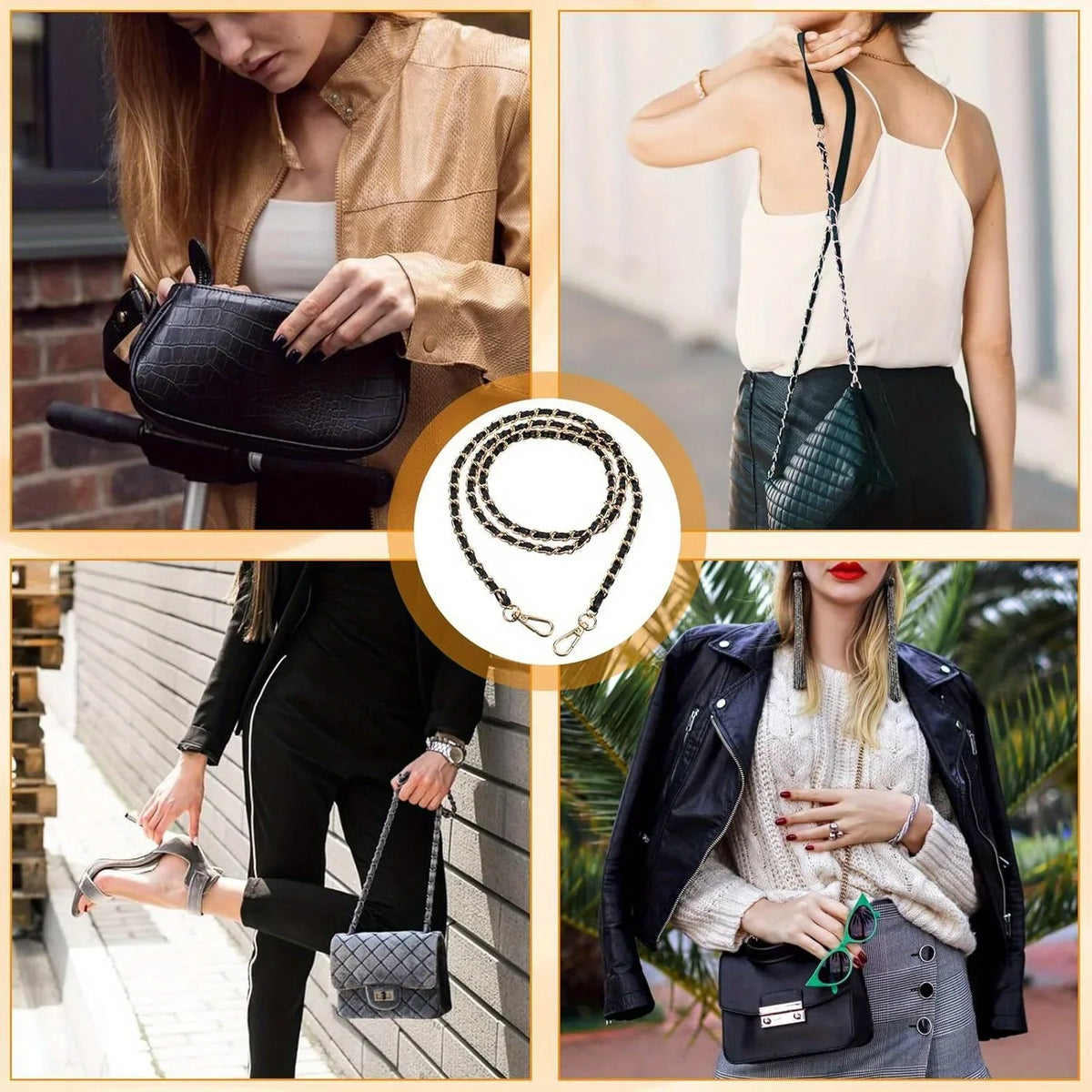 Eine Frau modelliert einen verstellbaren Metall-Crossbody-Taschenriemen.