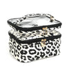 A transparent makeup bag with a leopard print exterior and black lining.