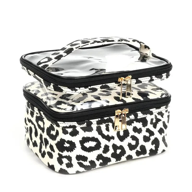 A transparent makeup bag with a leopard print exterior and black lining.
