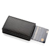 A black minimalist RFID blocking wallet displaying several credit cards.