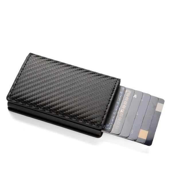 A black minimalist RFID blocking wallet displaying several credit cards.