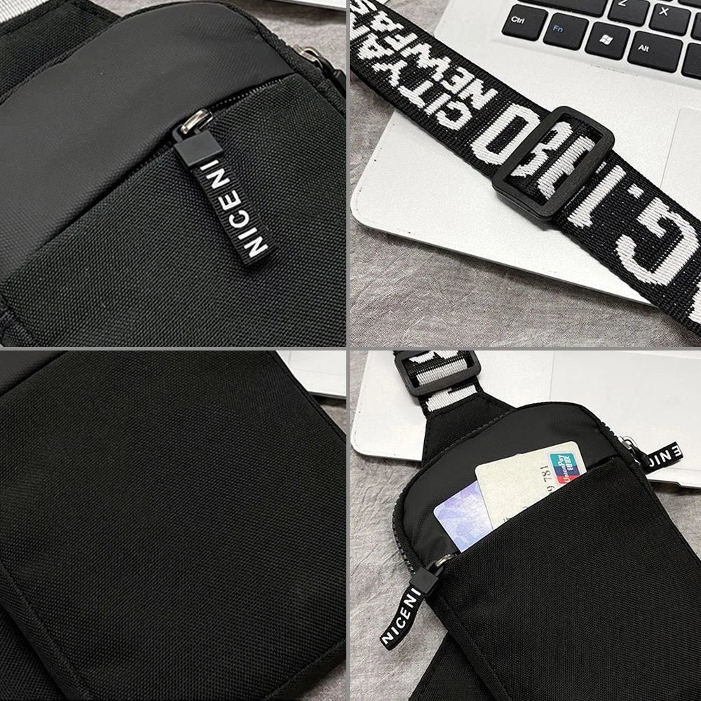 Schwarze Canvas-Chestbag mit schwarzem Riemen und den Initialen G.I.T.O.