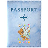Light blue passport card holder featuring a vintage letter print design with an airplane and bear silhouette