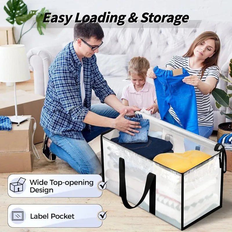 A man and a woman are using clear storage bins with lids for easy loading and storage.