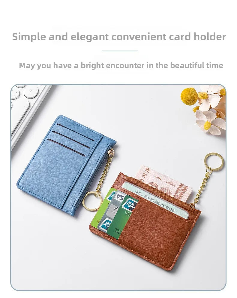Dünne blaue und braune Kartenwallet mit Reißverschluss auf weißem Untergrund