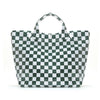 A square tote bag with a green and white checkerboard pattern.