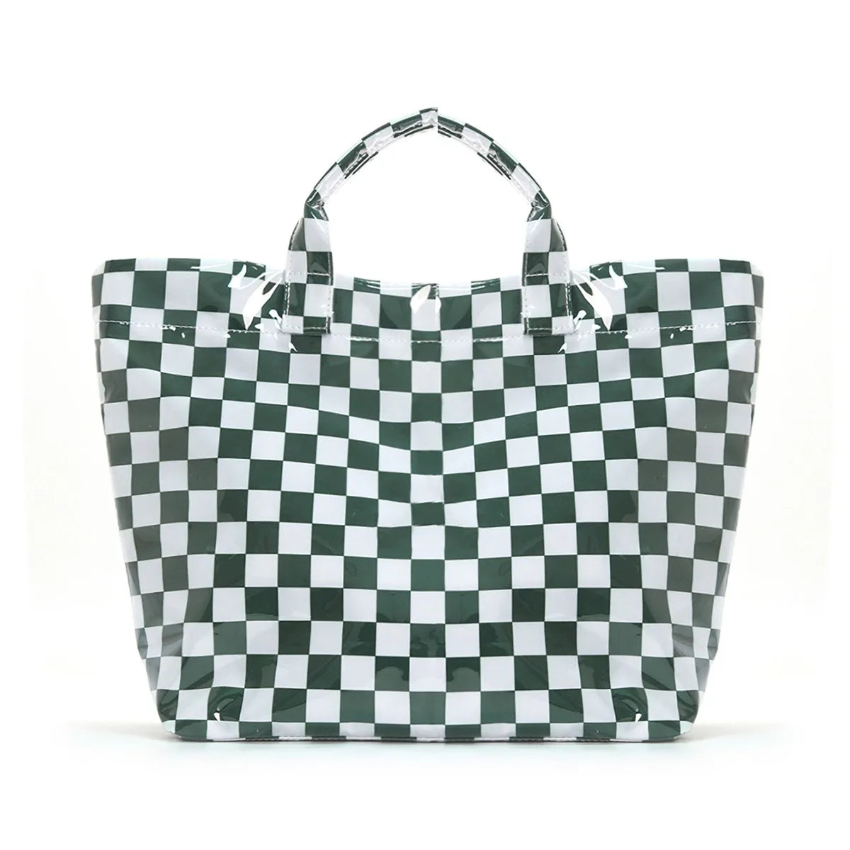 A square tote bag with a green and white checkerboard pattern.