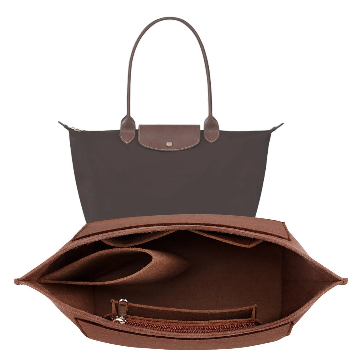 A brown felt organizer insert designed to fit into a handbag.