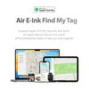 A laptop displays an Apple Find My tag search interface alongside various Apple devices like an iPhone and Apple Watch.