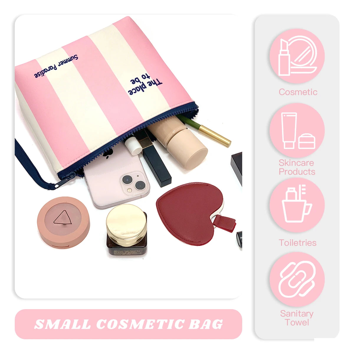 Bolsa de cosméticos a rayas rosa y blanca con ribete oscuro, junto a productos de belleza como bálsamo labial y polvo.