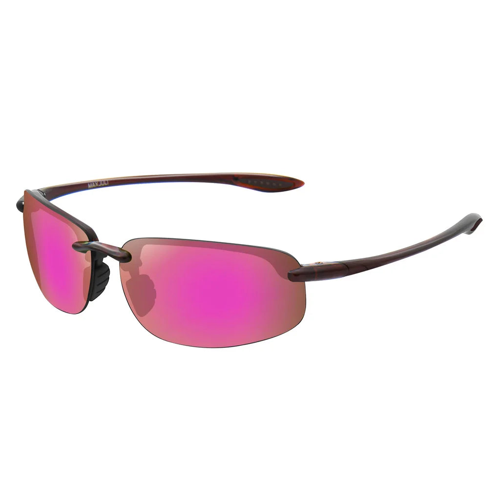 Rimless polarized sports sunglasses with pink and purple mirrored lenses and brown frames