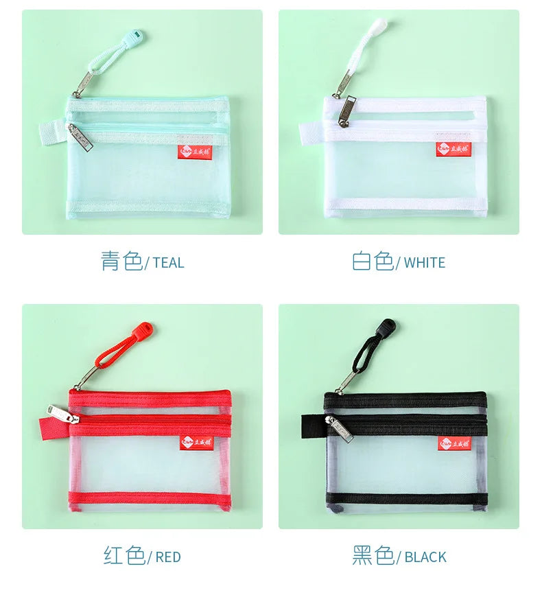 Four color options of a compact double-layer zipper pouch in teal, white, red, and black.