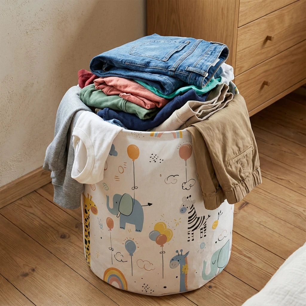 A woven laundry basket filled with folded denim and fabric, featuring elephant and animal illustrations.