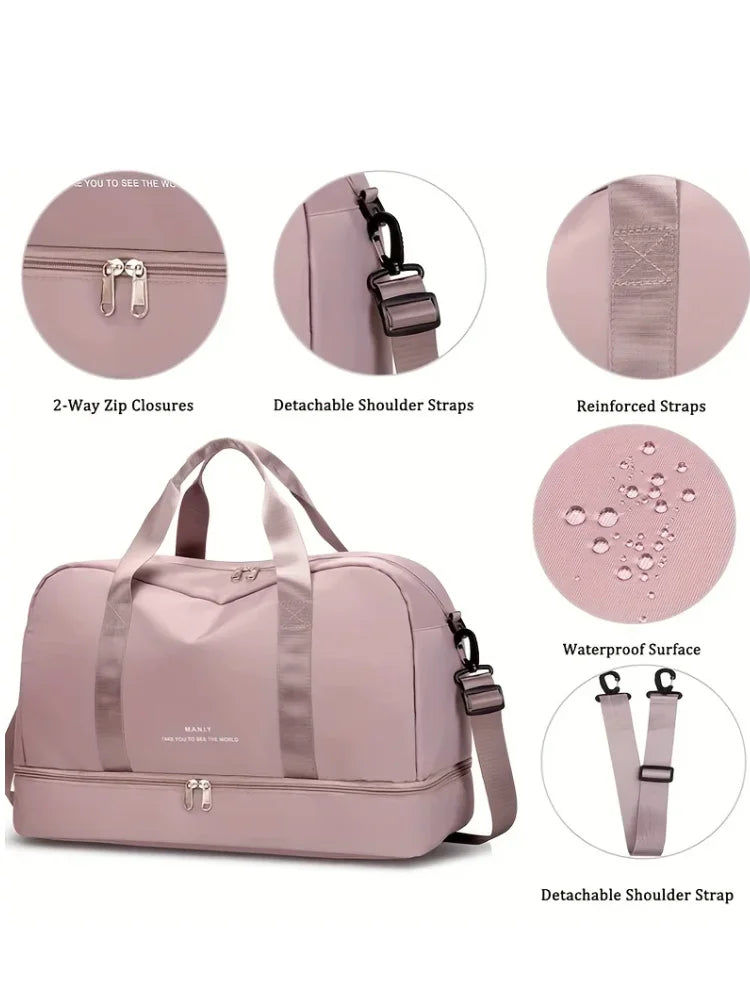 A pink nylon travel duffle bag with 2-way zip closures and detachable shoulder straps.