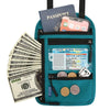 A teal RFID blocking neck wallet holding a passport, driver's license, and credit card.
