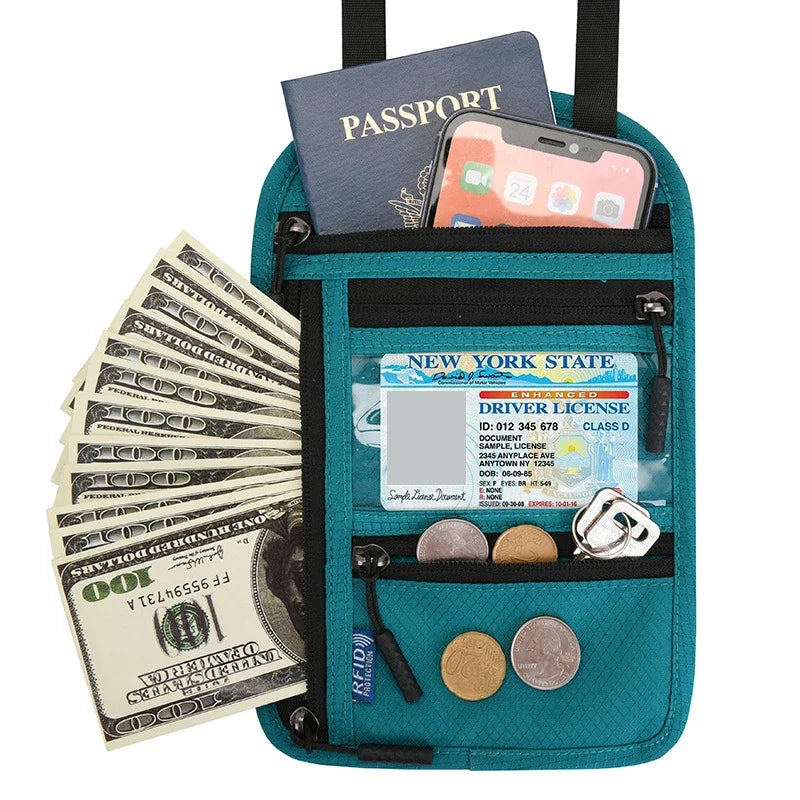 A teal RFID blocking neck wallet holding a passport, driver's license, and credit card.
