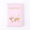 Funda de pasaporte de cuero PU rosa genuino con estampado dorado de mapa mundial.