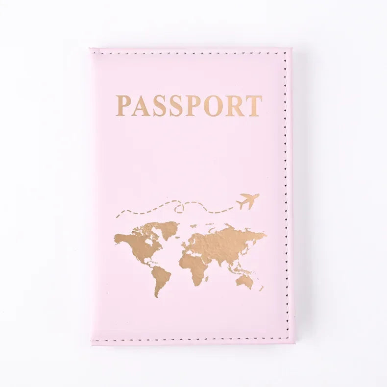 Funda de pasaporte de cuero PU rosa genuino con estampado dorado de mapa mundial.