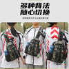 Three views of a tactical fishing gear storage chest bag shown on a person's back, demonstrating left, front, and right carry