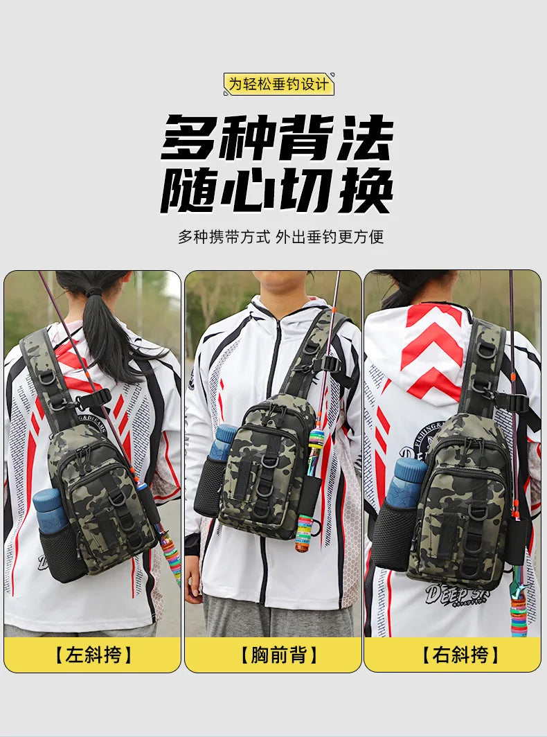Three views of a tactical fishing gear storage chest bag shown on a person's back, demonstrating left, front, and right carry
