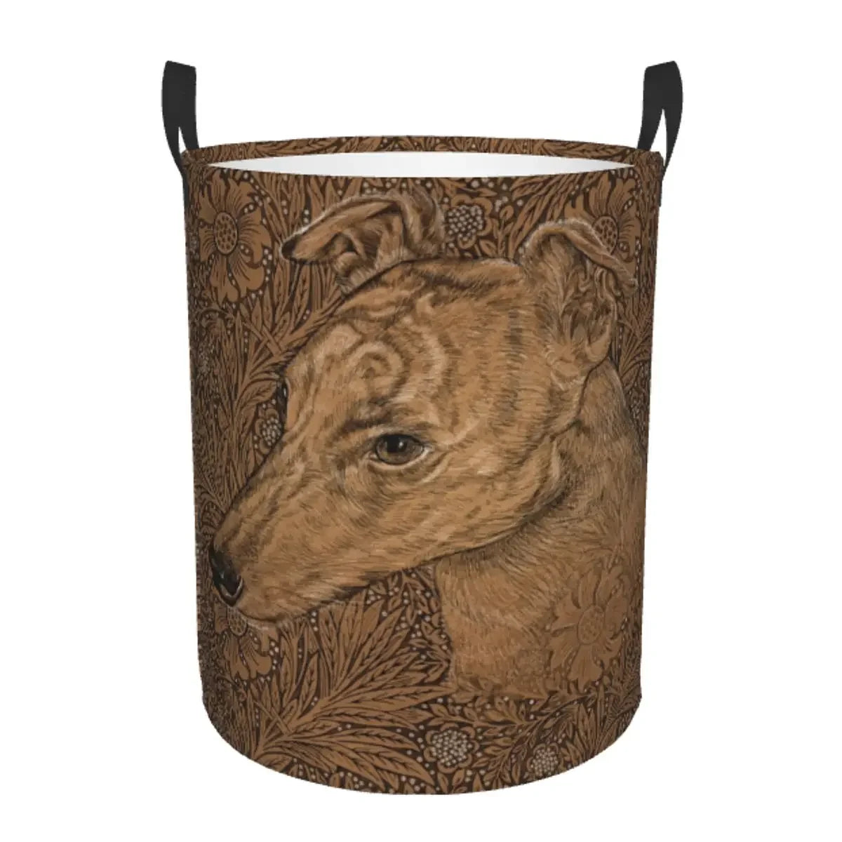 A brown fabric laundry hamper featuring a vintage floral pattern and a depiction of a dog's head.