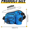 Blue waterproof sports fanny pack shown with measurements for waistline and width.