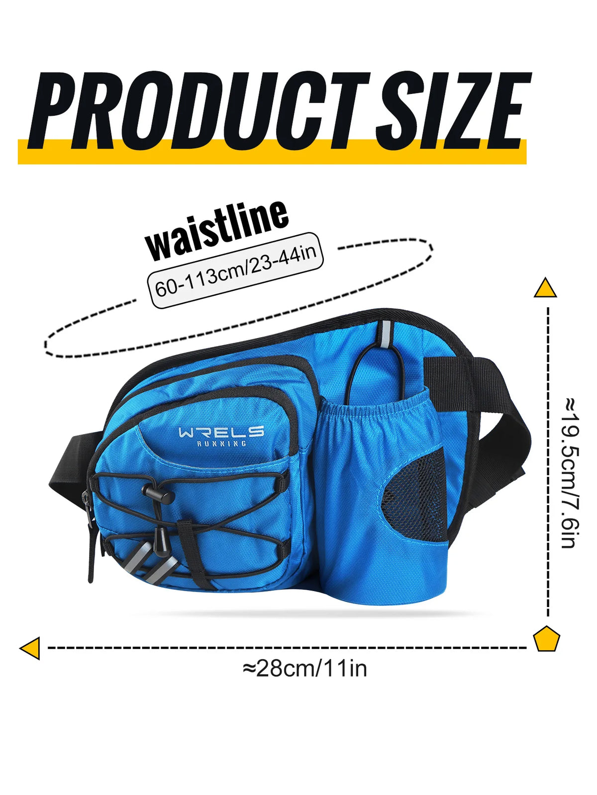 Blue waterproof sports fanny pack shown with measurements for waistline and width.
