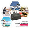 A dark gray nylon travel duffle bag shown in various lifestyle contexts including vacation, shopping, and travel.