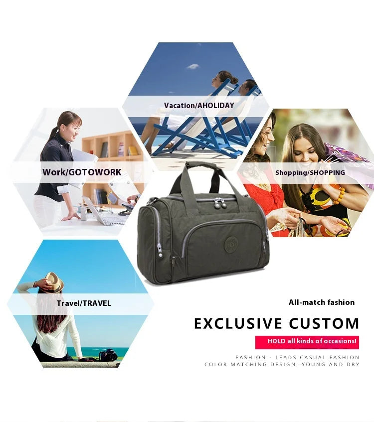 A dark gray nylon travel duffle bag shown in various lifestyle contexts including vacation, shopping, and travel.