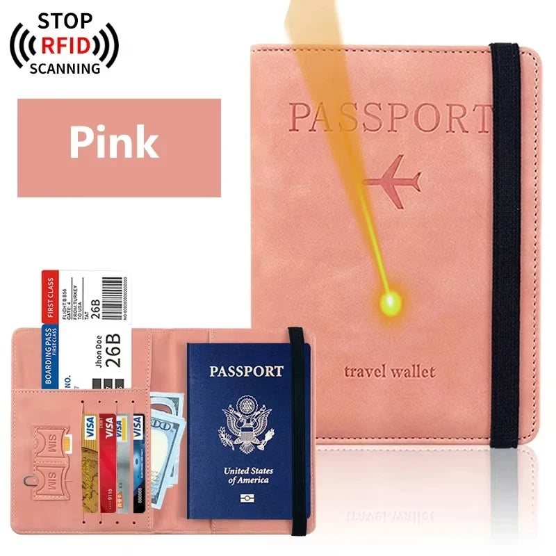 Pink elegant PU leather passport holder wallet with a passport and boarding pass inside