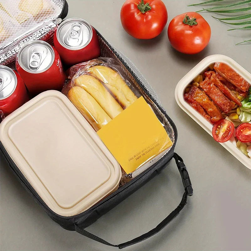Isoliertem Lunchbeutel mit Dosentomaten und Sandwich, mit frischen Tomaten in der Nähe.