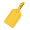A yellow PU leather luggage tag with a gold-toned clip attached.