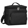 Black insulated canvas lunch bag with dual handles and zippered compartments