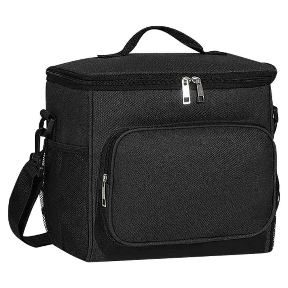 Black insulated canvas lunch bag with dual handles and zippered compartments