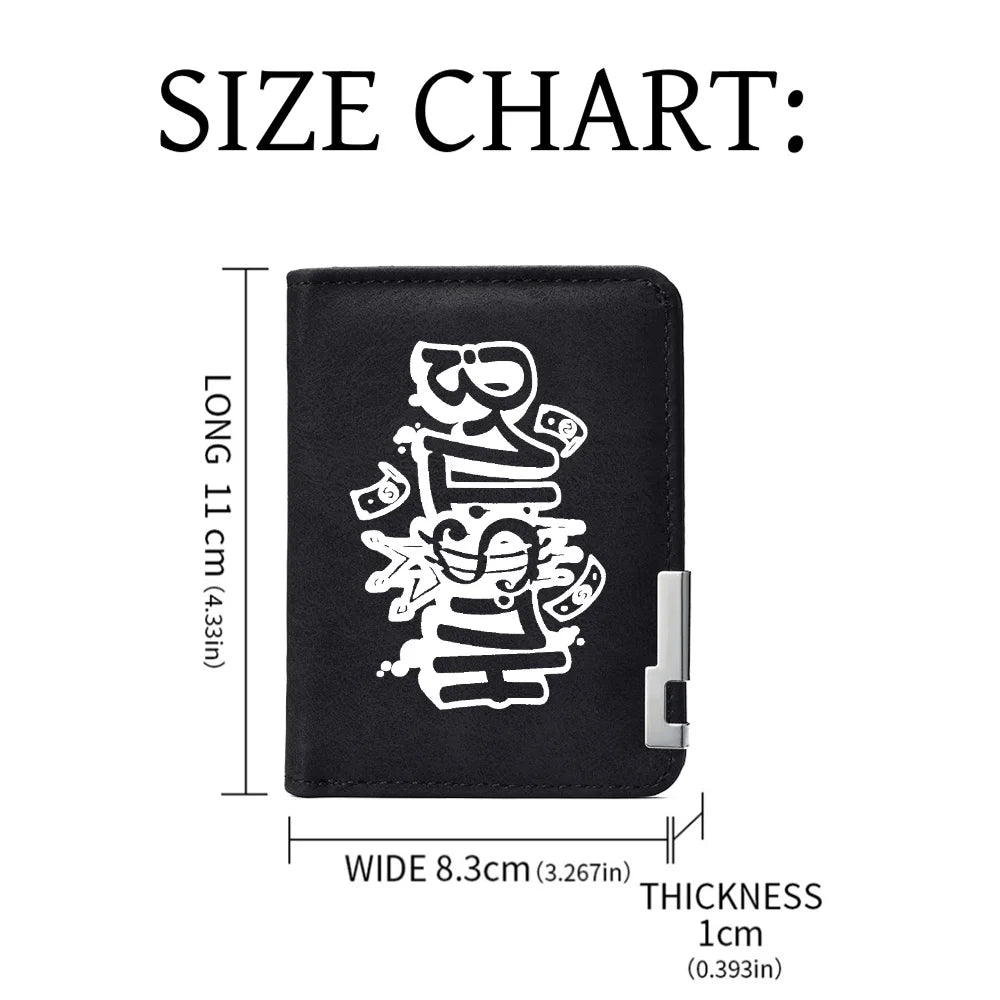Size chart for a black PU leather wallet showing dimensions of 11 cm long, 8.3 cm wide, and 1 cm thick.