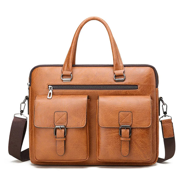 A brown men's PU leather business briefcase bag with leather handles and straps.