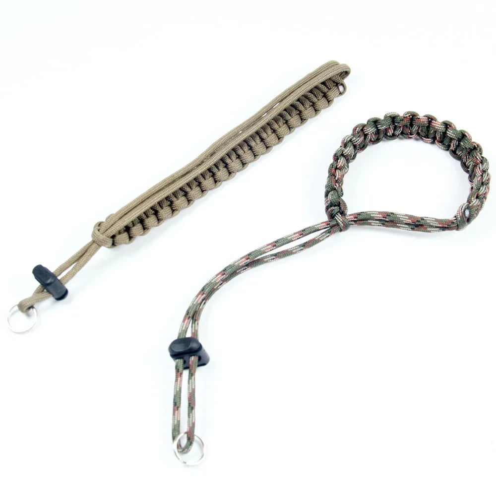 Handwoven paracord camera wrist strap in olive green and brown colors