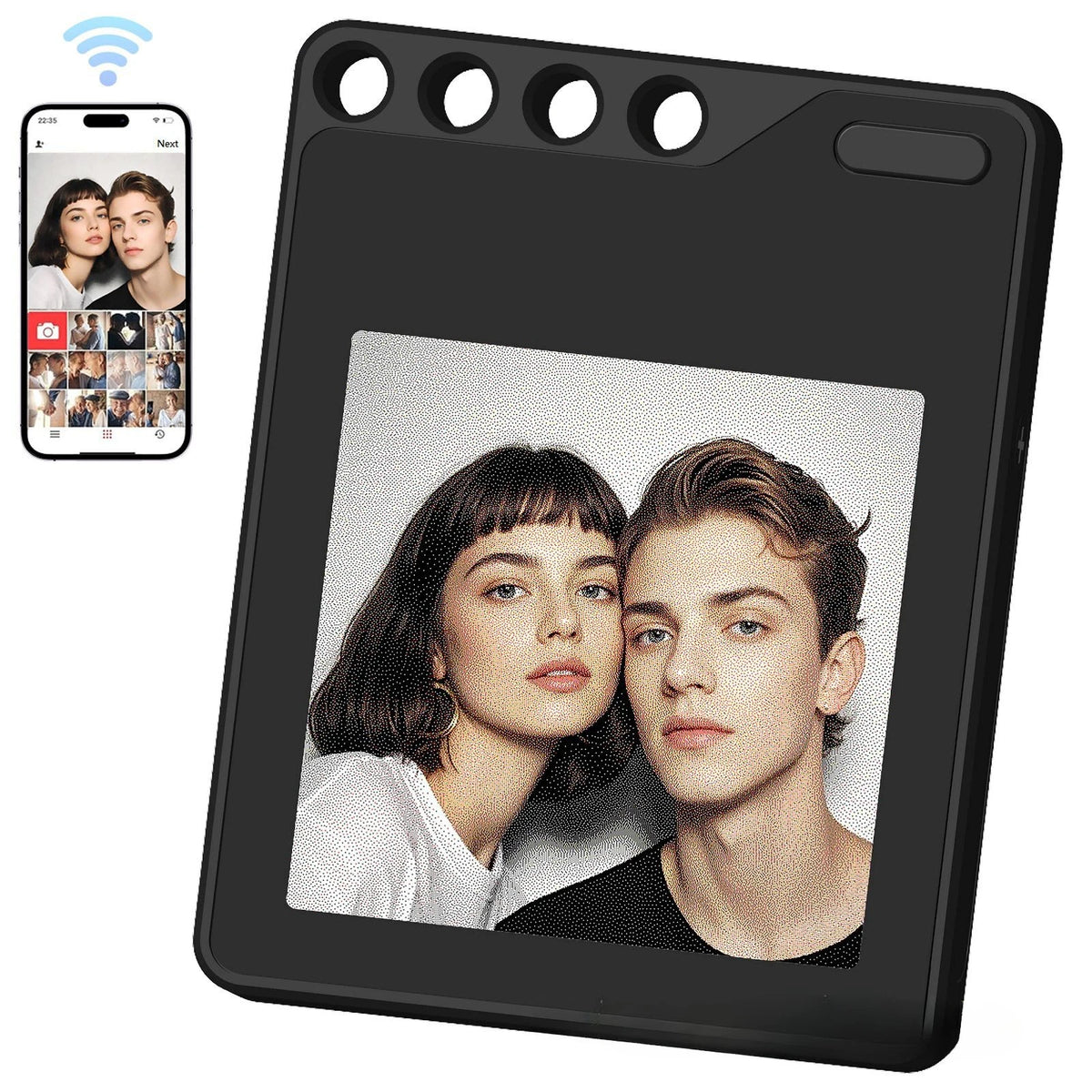 A black photo transfer tag featuring a portrait of a young woman and a young man.