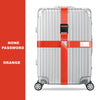 Silver rolling suitcase with an orange cross strap and belt visible on the side.